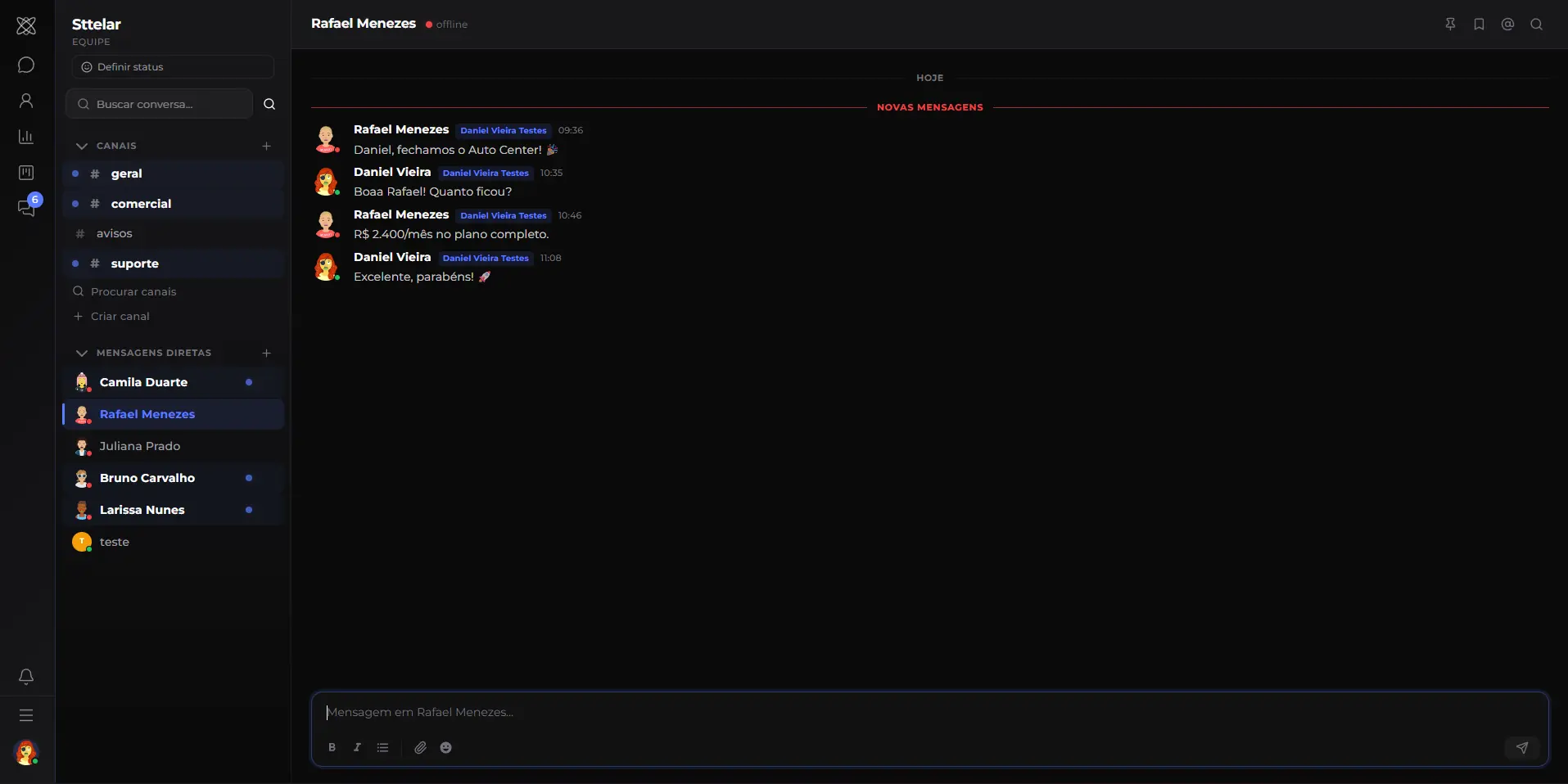 Tela de Chat Interno do Sttelar Chat