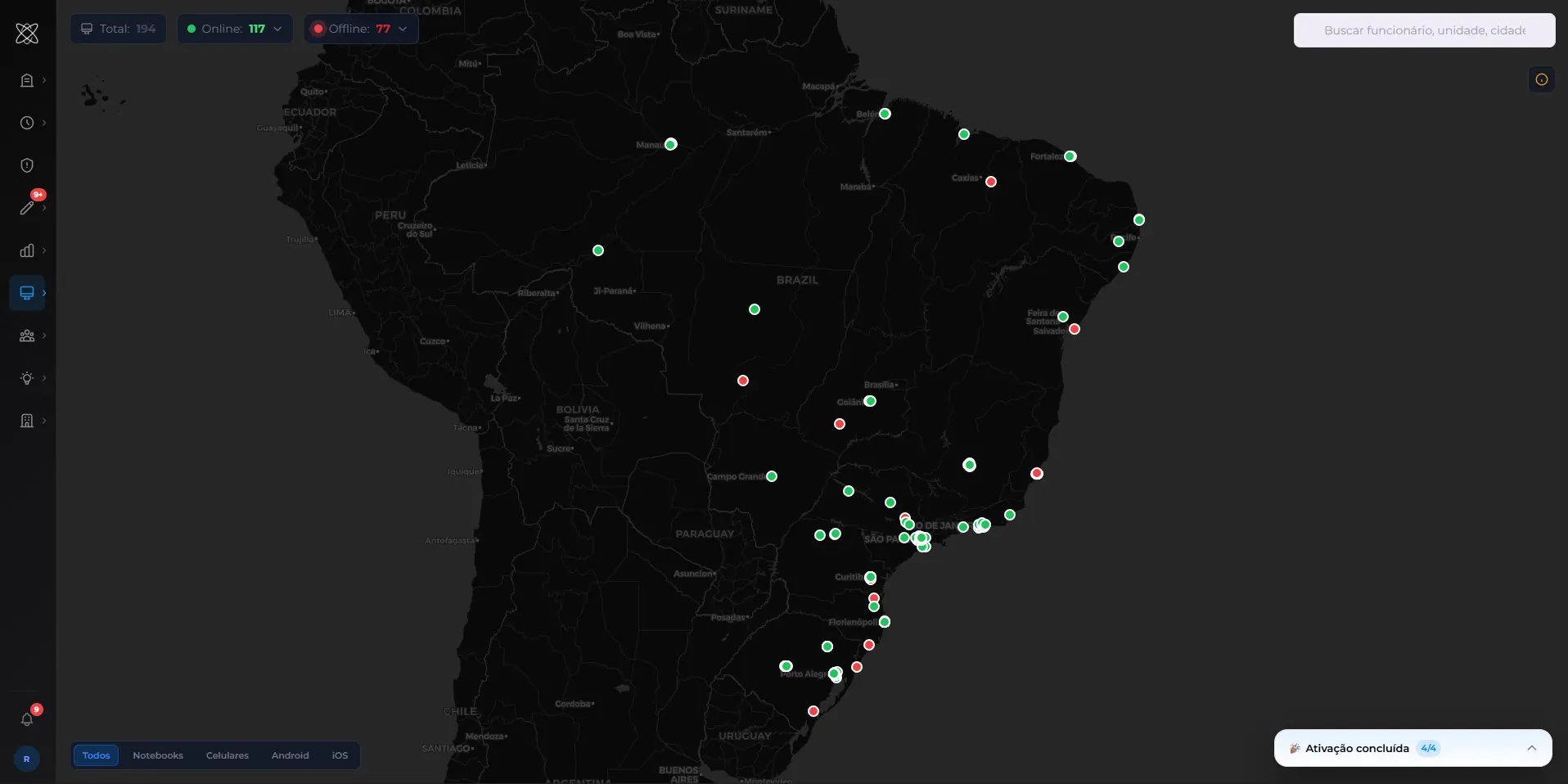 Tela do Mapa de Dispositivos com equipamentos plotados pelo Brasil, contadores de online e offline e busca por funcionário, unidade ou cidade