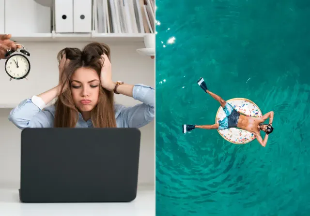 Gestão de férias: profissional sobrecarregada no computador e colaborador aproveitando as férias