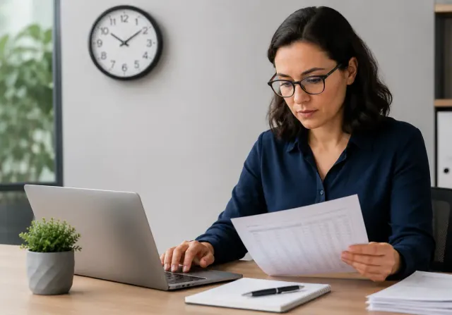 Profissional de RH conferindo banco de horas e jornada de trabalho em escritório