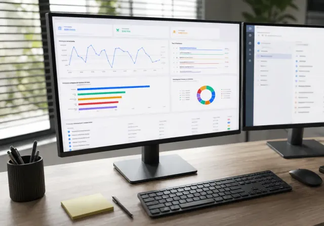 Estação de trabalho com dois monitores exibindo dashboards de produtividade e uso digital em ambiente corporativo moderno