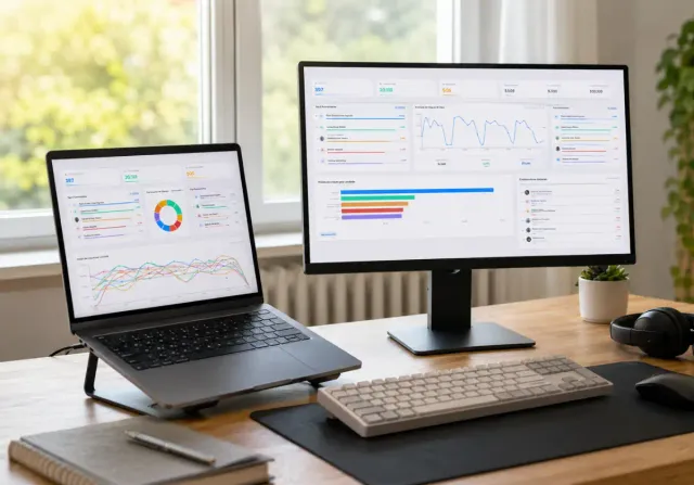 Estação de trabalho em home office com dashboards de produtividade e uso digital exibidos em notebook e monitor externo