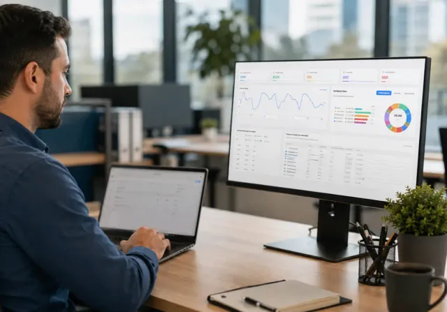 Profissional analisando dashboard de uso digital com sites acessados e indicadores de atividade dos colaboradores