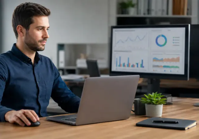 Profissional trabalhando no computador com dashboard de produtividade e monitoramento de uso digital ao fundo