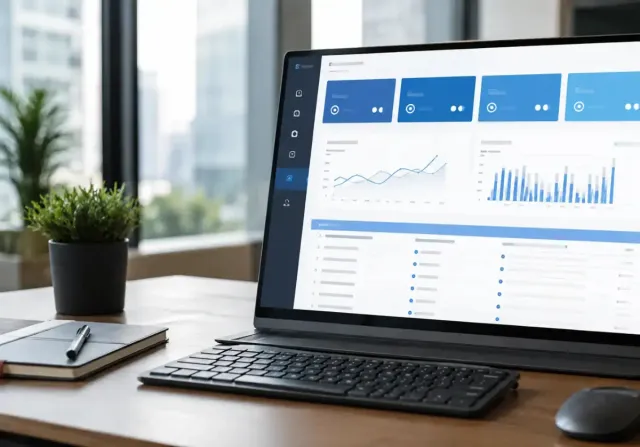 Computador corporativo com dashboard de uso digital e símbolo de proteção de dados, representando monitoramento conforme a LGPD