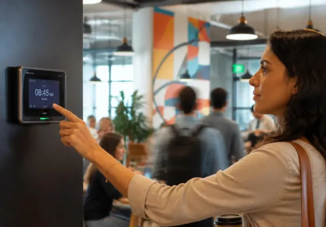 Colaboradora registrando ponto digital em relógio eletrônico no ambiente de trabalho