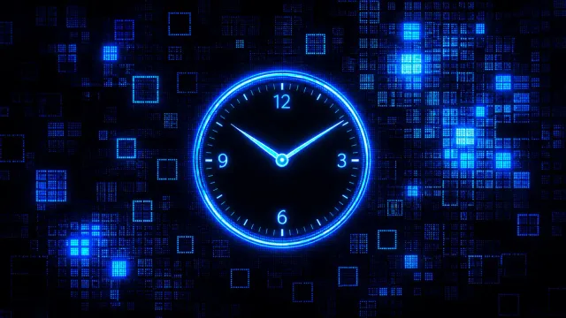 Relógio digital em destaque sobre fundo tecnológico azul, representando controle de ponto pelo celular