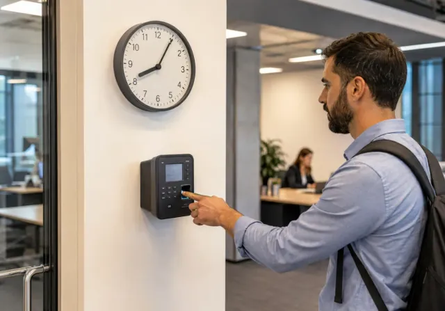 Colaborador registrando o ponto no trabalho enquanto relógio marca 8h05, ilustrando a tolerância de atraso prevista na CLT