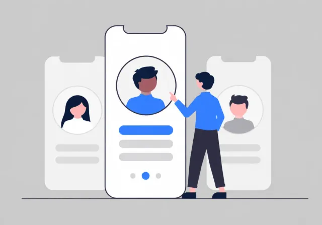 Ilustração com três telas de celular exibindo perfis de pessoas e uma figura apontando para o perfil central, sugerindo cadastro ou seleção de candidatos.