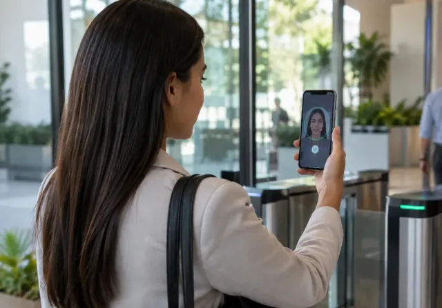 Pessoa segura um celular com validação facial em um saguão de escritório, ao lado de catracas de acesso e plantas ao fundo.