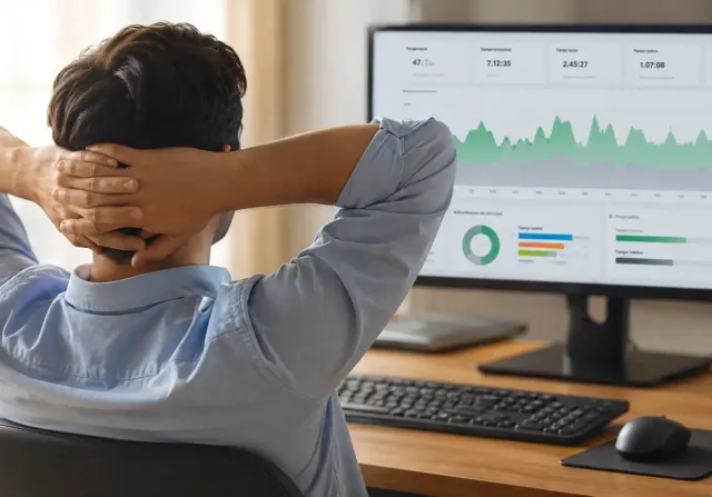 Funcionário em frente ao computador durante período de inatividade, com dashboard de atividade digital exibido na tela