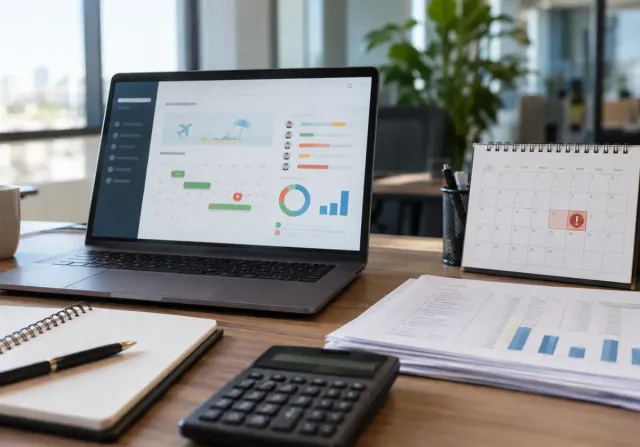 Mesa de escritório com laptop exibindo painel de gestão, calendário de mesa com alerta vermelho, calculadora, caderno e folhas com gráficos.