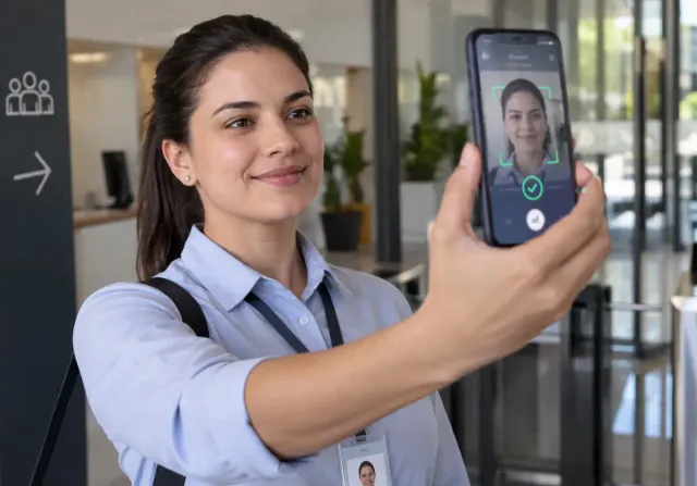 Colaborador realizando registro de ponto com validação por inteligência artificial e reconhecimento facial