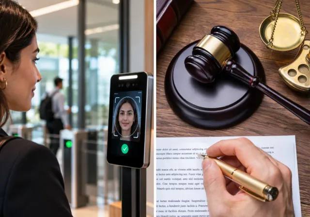 Pessoa usando um terminal de reconhecimento facial ao lado de uma composição com martelo, balança da justiça e documento assinado sobre mesa de madeira.